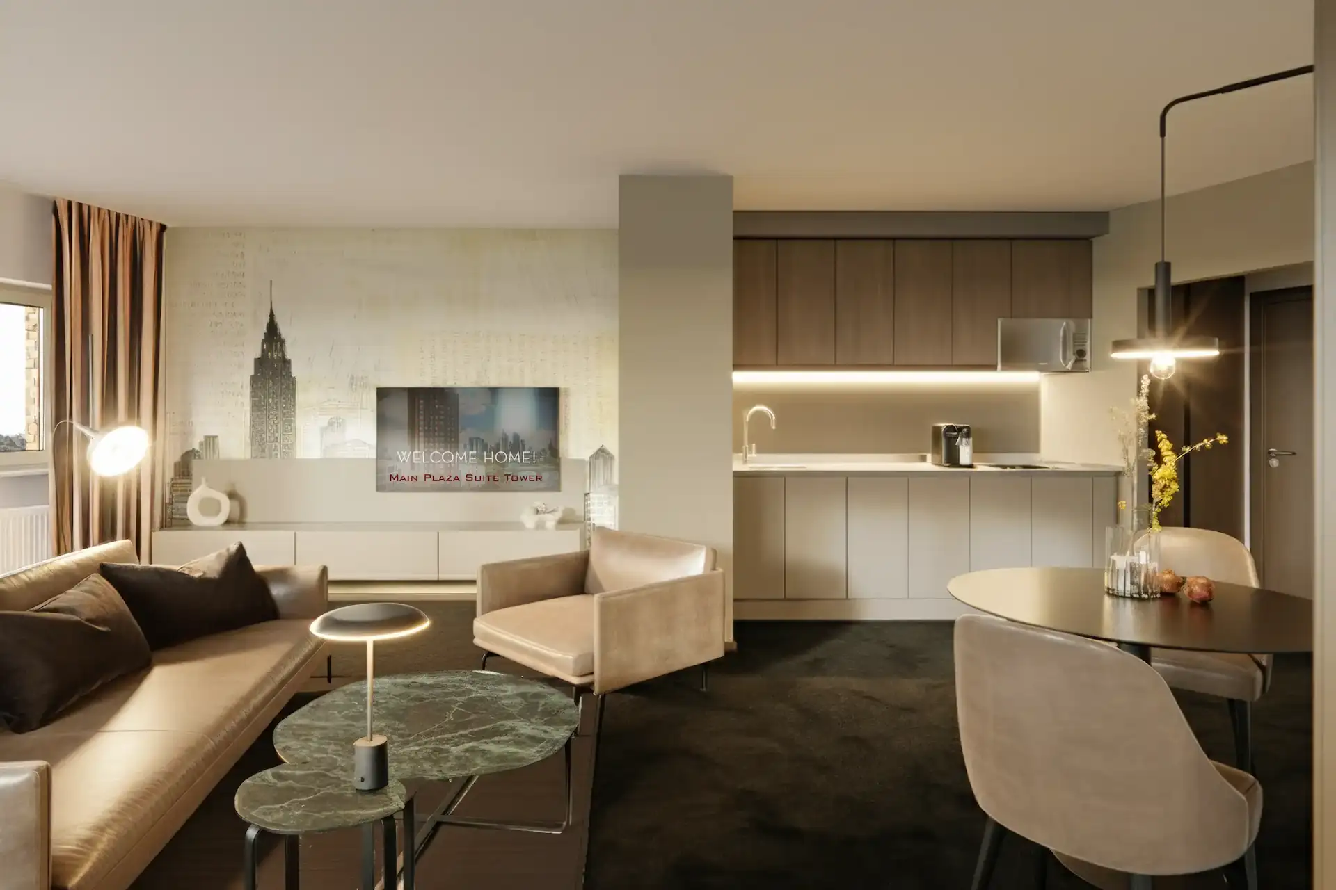 Luxuriöses Wohnzimmer mit Kitchenette – Main Plaza Suite Residenz Frankfurt